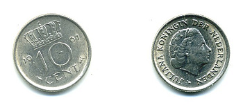 НИДЕРЛАНДЫ 10 ЦЕНТОВ 1961 ЮЛИАНА KM 182 никель 76-334