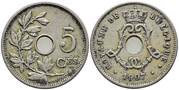 БЕЛЬГИЯ 5 САНТИМОВ 1907 BELGIQUE KM 54 медно-никель 4396-355