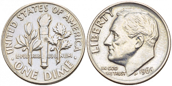 США 10 ЦЕНТОВ = 1 ДАЙМ 1966 РУЗВЕЛЬТ KM 195а медь плакированная медно-никелем 4547-857