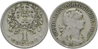 ПОРТУГАЛИЯ 1 ЭСКУДО 1929 ГОЛОВА СВОБОДЫ ВПРАВО КМ 578 медно-никель 202-344