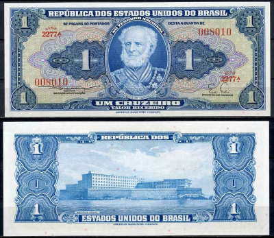 Бразилия 1 крузейро ND (1954-1958) серия 2277 A, Жуакин Маркес Лисбон Pick 150 b бумага UNC (пресс) 2196-40-3-2