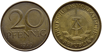 ГДР 20 пфеннигов 1969 А, первый год KM 11 латунь UNC 4395-624