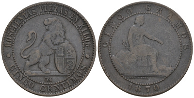 Испания 5 сентимо 1870 ОМ, лев со щитом KM 662 (Y53) медь 259-315