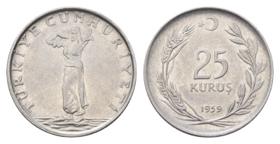 Турция 25 курушей 1959 год-тип KM 892.1 нержавеющая сталь 4706-1113