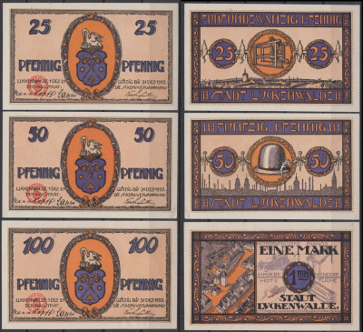 Луккенвальде полный набор из 3 нотгельдов (25, 50 и 100 пфеннигов) 1921 DeNG 2 817.1 бумага UNC (пресс) 7556-50-1-1