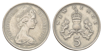 Великобритания 5 новых пенсов 1969 Елизавета II (1952-2022) KM 911, Spink 4233 (D1) медно-никель 55-541