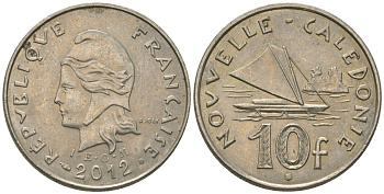 Французская Новая Каледония 10 франков 2012 рыбачья парусная лодка, (IEOM) KM 11a, Schoen 13a, Lec 99k медно-никель 65-534