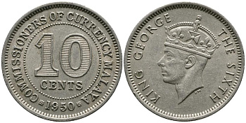 Британская Малайя 10 центов 1950 Георг VI (1937-1952) KM 8 медно-никель 4549-633