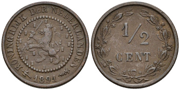 Нидерланды 1/2 цента 1891 Вильгельмина (1890-1948) KM 109 бронза 4576-269