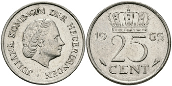 Нидерланды 25 центов 1965 Юлиана (1949-1980) KM 183 никель 96-159
