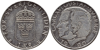 Швеция 1 крона 1980 Карл XVI Густав (1973- ) KM 852 медь плакированная медно-никелем 4397-934