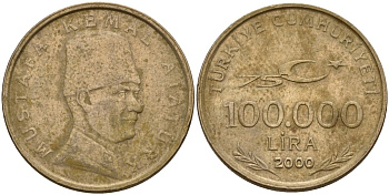 Турция 100000 лир 2000 75 лет республике, Мустафа Кемаль Ататюрк KM 1078 медь никель цинк 4156-836