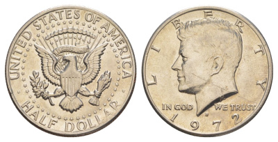 США 1/2 доллара (50 центов) 1972 D, Джон Кеннеди KM 202b медь плакированная медно-никелем aUNC 4111-1215
