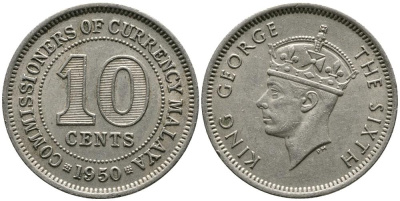 Британская Малайя 10 центов 1950 Георг VI (1937-1952) KM 8 медно-никель 4549-633
