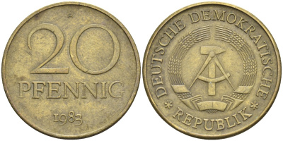 ГДР 20 пфеннигов 1983 A KM 11 латунь 4132-1026