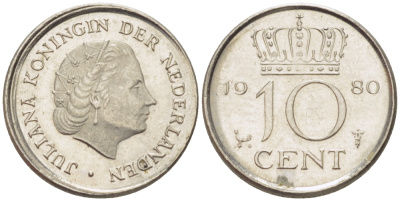 Нидерланды 10 центов 1980 Юлиана (1949-1980) KM 182 никель aUNC 4396-519