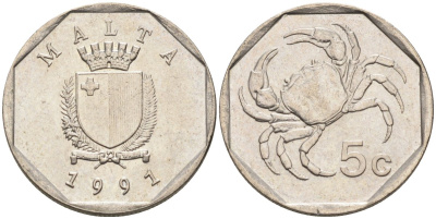 Мальта 5 центов 1991 краб KM 95 медно-никель 4588-114
