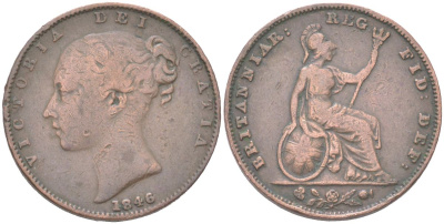 Великобритания 1 фартинг 1846 Виктория (1837-1901), редкий год KM 725, Spink 3950 медь 4613-413