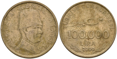 Турция 100000 лир 2000 75 лет республике, Мустафа Кемаль Ататюрк KM 1078 медь никель цинк 4156-836