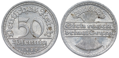 Германия 50 пфеннигов 1920 J KM 27, J. 301 алюминий 4163-946