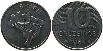 Бразилия 10 крузейро 1984 KM 592.1, Schon 101 нержавеющая сталь 4514-1234
