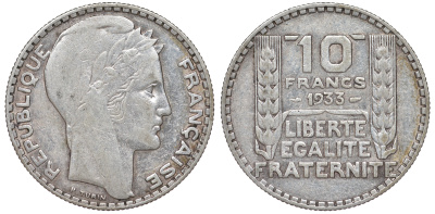 Франция 10 франков 1933 Пьер Тюрен KM 878, Le Franc 360.6 серебро 4178-941
