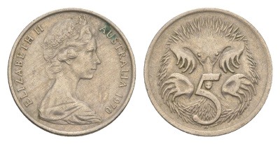 Австралия 5 центов 1970 Елизавета II (1952-2022) молодой портрет, ехидна KM 64 медно-никель 4160-747