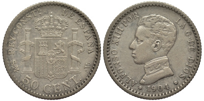 ИСПАНИЯ 50 СЕНТИМО 1904 S.M.V., АЛЬФОНСО XIII KM 723 серебро 413-4341