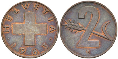 Швейцария 2 раппена 1963 В KM 47 бронза 4582-621