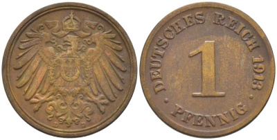 ГЕРМАНИЯ 1 ПФЕННИГ 1913 D KM 10, J. 10, Weege 2 медь 206-418