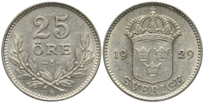 Швеция 25 эре 1929 G, Густав V (1907-1950) КМ 785 серебро 201-1054