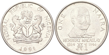 Нигерия 1 найра 1991 KM 14 сталь плакированная никелем 4141-627