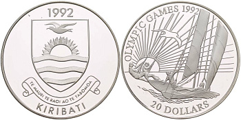 Кирибати 20 долларов 1992 XXV Олимпийские игры в Барселоне 1992 года, регата, яхта KM 17 серебро PROOF 1088-10-63
