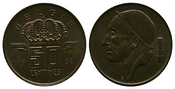 БЕЛЬГИЯ 50 САНТИМОВ 1952 BELGIE KM 145 бронза 4384-727