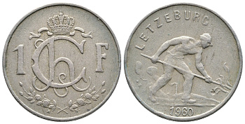 Люксембург 1 франк 1960 сталевар KM 46.2 медно-никель 259-321