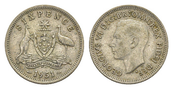 Австралия 6 пенсов 1951 PL, Георг V (1936-1952) KM 45 серебро 4160-745