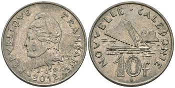 Французская Новая Каледония 10 франков 2012 рыбачья парусная лодка, (IEOM) KM 11a, Schoen 13a, Lec 99k медно-никель 65-132