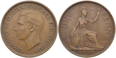 Великобритания 1 пенни 1938 Георг VI (1936-1952) КМ 845, Spink 4114 бронза 115-342