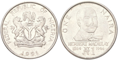 Нигерия 1 найра 1991 KM 14 сталь плакированная никелем 4141-627