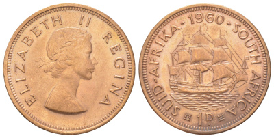 ЮАР 1 пенни 1960 Елизавета II (1952-2022), парусник KM 46 бронза aUNC 4583-122
