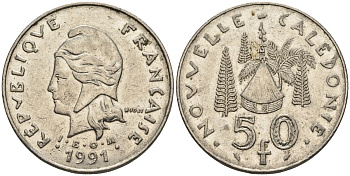 Французская Новая Каледония 50 франков 1991 хижина среди сосен и пальм, (IEOM) KM 13, Schoen 15, Lec 121 никель 4120-1246
