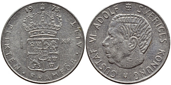 Швеция 1 крона 1973 Густав VI Адольф (1950-1973) KM 826а медь плакированная медно-никелем 4395-557