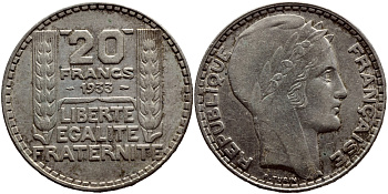 Франция 20 франков 1933 Пьер Тюрен KM 879, Le Franc 400.3 серебро 633-1032