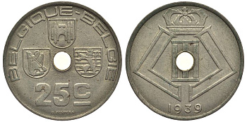 БЕЛЬГИЯ 25 САНТИМОВ 1939 BELGIQUE-BELGIE, ЛЕОПОЛЬД III (1934-1950) KM 114.1 никель латунь 27-937