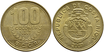 КОСТА-РИКА 100 КОЛОН 2007 B.C.C.R. KM 240а сталь плакированная латунью 59-525