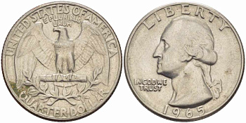 США 25 центов (квотер) 1965 Вашингтон KM 164а медь плакированная медно-никелем 4364-2352