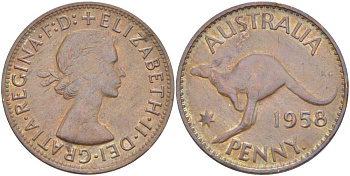 АВСТРАЛИЯ 1 ПЕННИ 1958 p, ЕЛИЗАВЕТА II (1953-), КЕНГУРУ KM 56 бронза 4512-1214