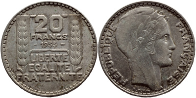 Франция 20 франков 1933 Пьер Тюрен KM 879, Le Franc 400.3 серебро 633-1032