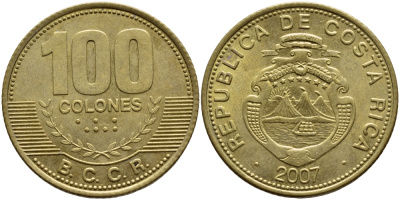 КОСТА-РИКА 100 КОЛОН 2007 B.C.C.R. KM 240а сталь плакированная латунью 59-525