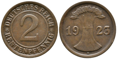 ГЕРМАНИЯ 2 РЕНТЕНПФЕННИГА 1923 D KM 31, J. 307 бронза 24-446